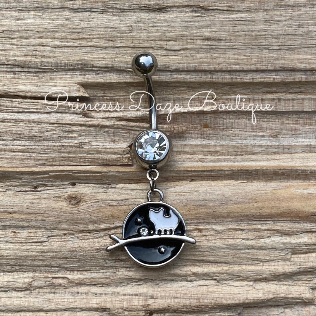 Silver Black Cat Celestial Belly Button Ring Navel Jewelry Piercing